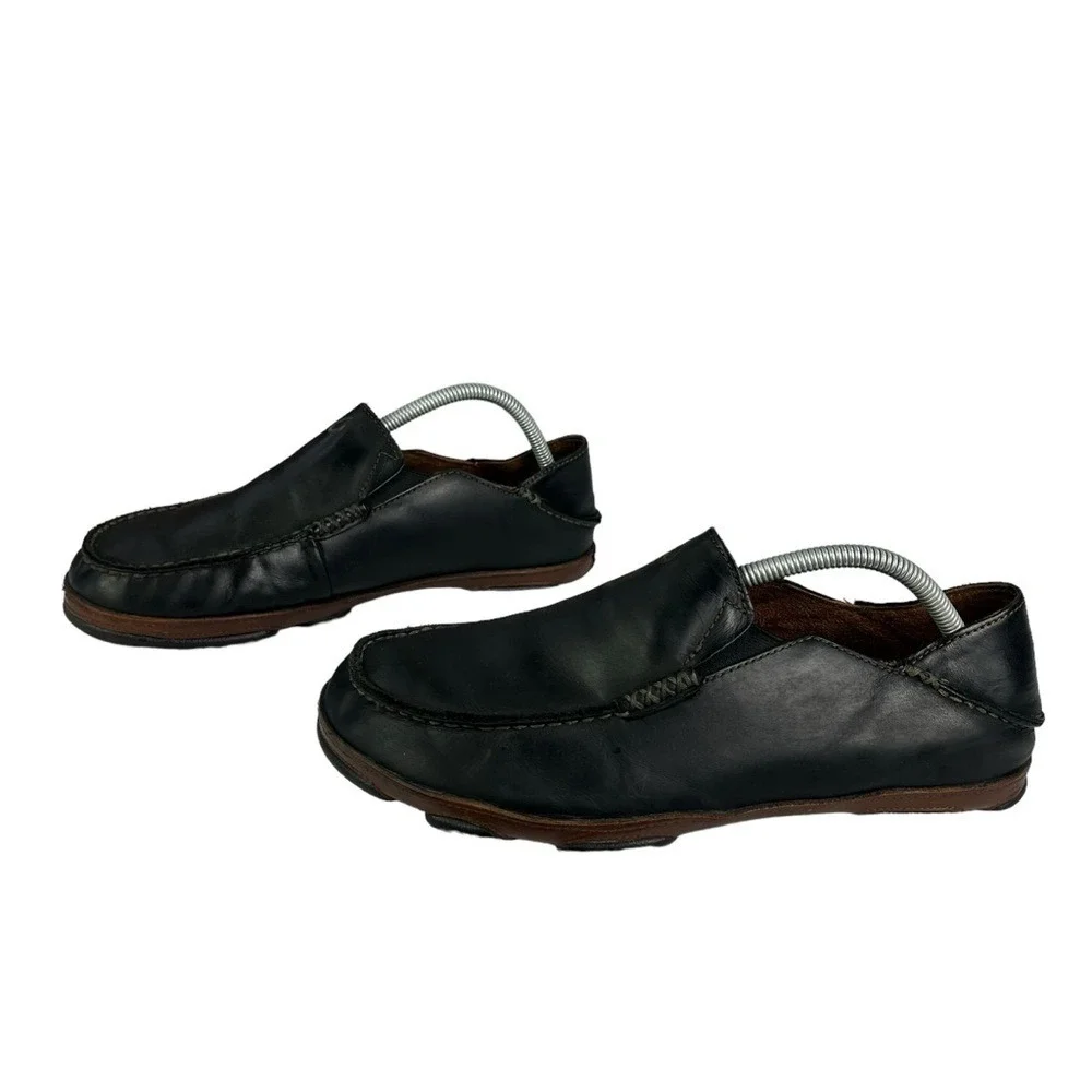 Olukai Maloa Loafers‎ Mens 9.5 Black Leather Back Drop Heels Shoes